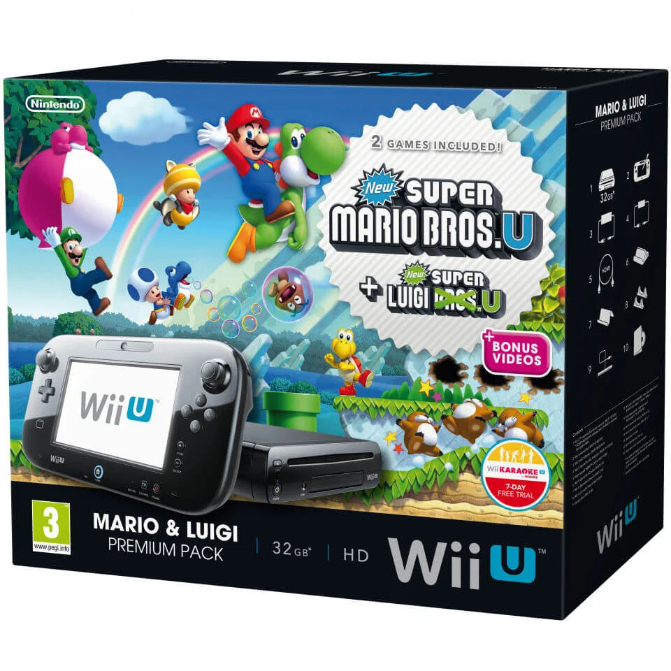 Wii U Console: 32GB Premium Bundle - Black (Includes New Super Mario Bros. U and New Super Luigi Bros. U) Afbeelding 1